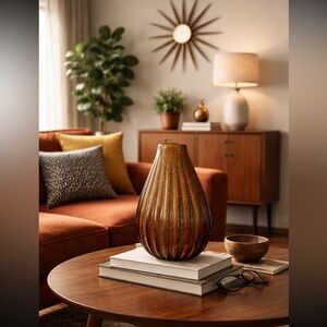 Sasaki Italian Crystal Vase Hand Crafted Marea 11” Tear Drop Ribbed Tiger’s Eye